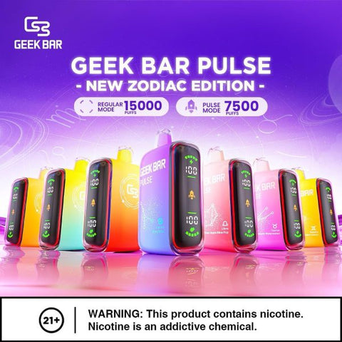 Geek Bar Pulse 15000 Disposable Vape – New Zodiac Edition lineup showing multiple color variants with LED display, 15,000 regular puffs and 7,500 pulse mode