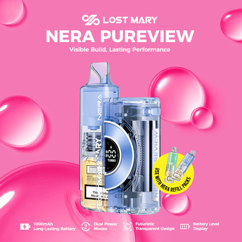 Lost Mary Nera Pureview 40K Vape Kit with two visible refillable pods, digital Turbo display, and USB-C charging.