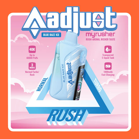 Adjust myRusher 40K Puffs Disposable Vape with transparent e-liquid tank and digital display
