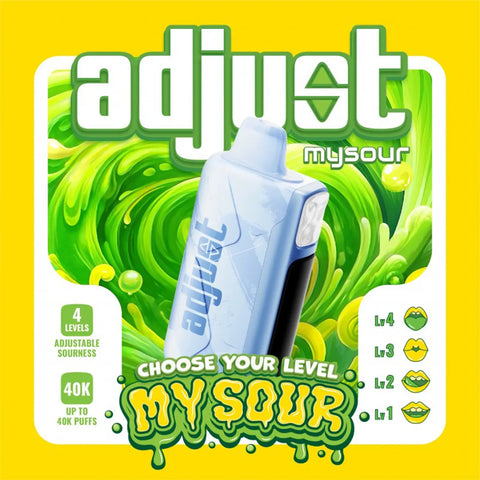 Adjust MySour Disposable Vape 40K in blue with green swirl background and sourness control.