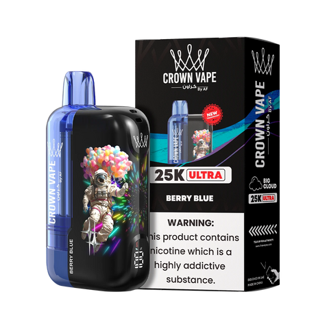 Crown Vape 25K Ultra Berry Blue vape device and packaging on a white background