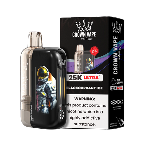 Crown Vape 25K Ultra Blackcurrant Ice vape device and packaging on a white background