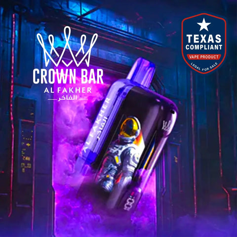 Vape device with astronaut design in a futuristic setting, featuring 'Crown Bar Al Fakher' branding.
