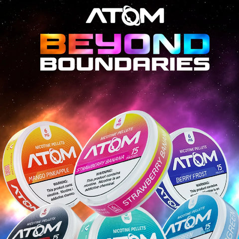 Atom Nicotine Pouches 6mg full flavor collection – Berry Frost, Strawberry Banana, Mango Pineapple and more in one clean nicotine lineup.