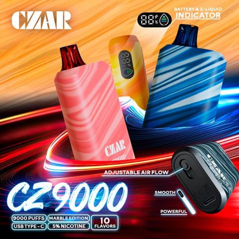 CZAR CZ9000 Disposable Vape with 9000 puffs sleek design and powerful dual mesh flavor