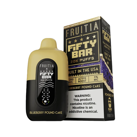 Fifty Bar X Fruitia 20K Disposable Vape – Blueberry Pound Cake.