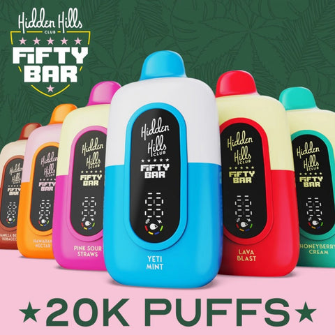 Hidden Hills x Fifty Bar 20K Puffs Disposable Vape with 20000 puffs dual mesh design and premium flavor performance