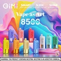 GIMI vape devices with colorful abstract background and product names.