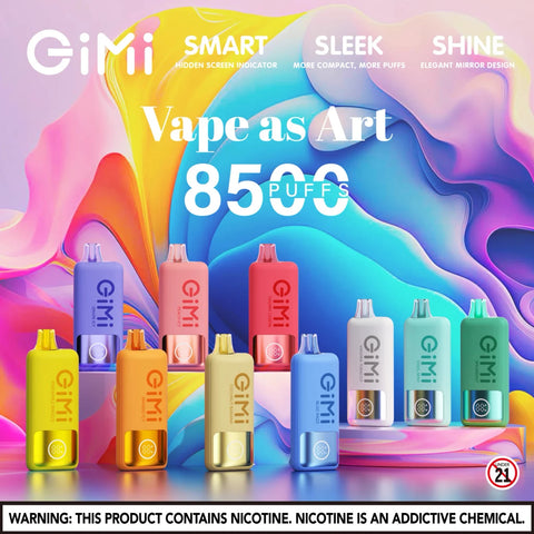 GIMI vape devices with colorful abstract background and product names.