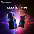 Geek Bar Clio Platinum Disposable Vape with dual screen display, visible e-liquid pod, Super Pulse mode, and sleek rechargeable design