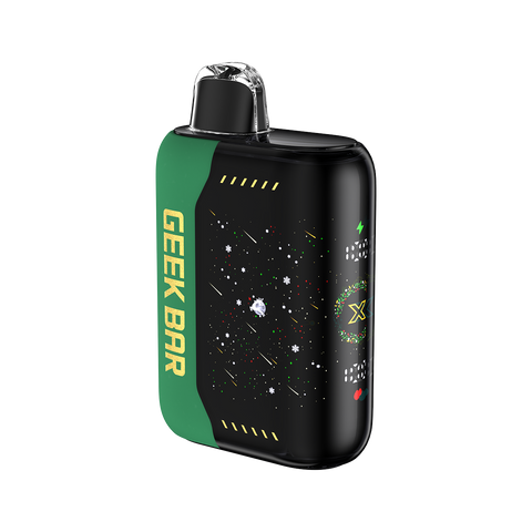 Geek Bar Pulse X Christmas Edition disposable vape in CreamyMintz flavor, featuring a sleek black and green design with festive snowflake and holiday-themed details. Perfect for seasonal vaping enthusiasts.