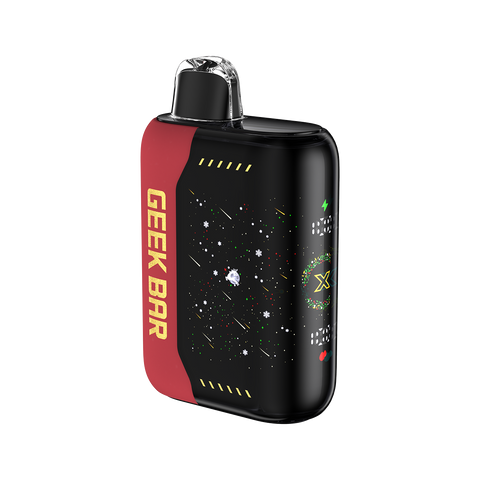 Geek Bar Pulse X Christmas Edition disposable vape in PepperMintz flavor, showcasing a bold black and red design with festive snowflake and holiday-inspired accents. A perfect choice for seasonal vaping enthusiasts.