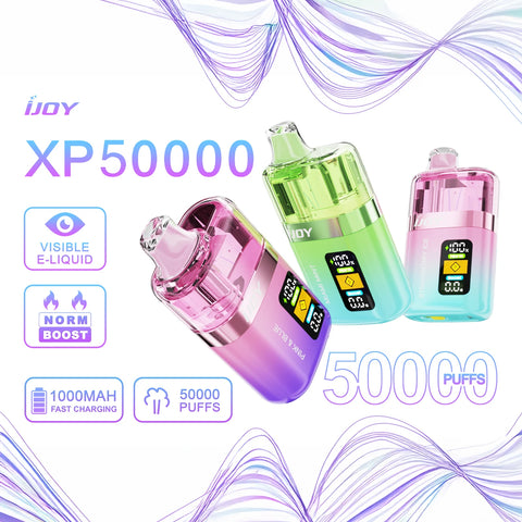 iJoy XP 50000 Puffs Disposable Vape with assorted fruit, mint, coffee, and candy flavors