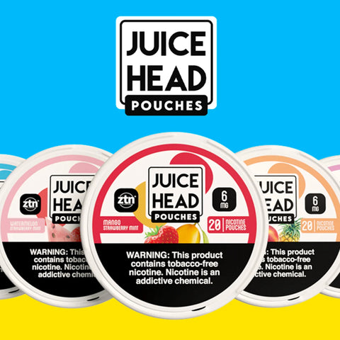 Juice Head Nicotine Pouches 6mg and 12mg cans with fruit mint flavors, tobacco-free