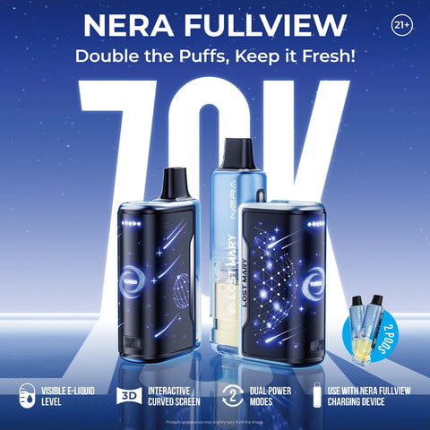 Lost Mary NERA Fullview 70K Vape Kit with dual pods, LED screen, and USB-C charging