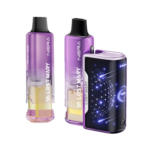 Rocket Freeze Lost Mary NERA 70K Fullview Disposable Kit with visible juice window and curved LED display