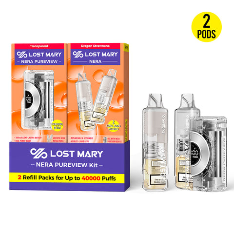 Lost Mary Nera Pureview 40K in Dragon Strawnana flavor featuring USB-C rechargeable 1000mAh battery