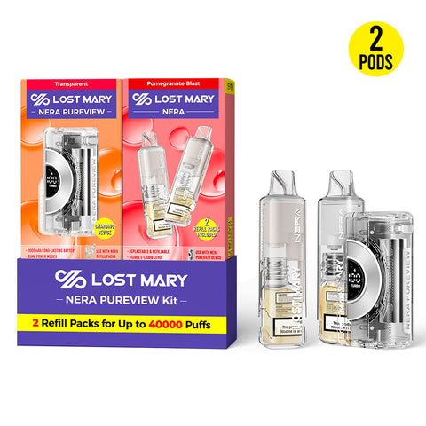 Lost Mary Nera Pureview 40K in Pomegranate Blast flavor with transparent pod design for visible e-liquid level