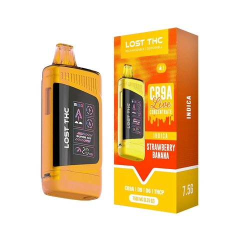 Lost THC V3 Strawberry Banana vape, creamy fruity Indica flavor.