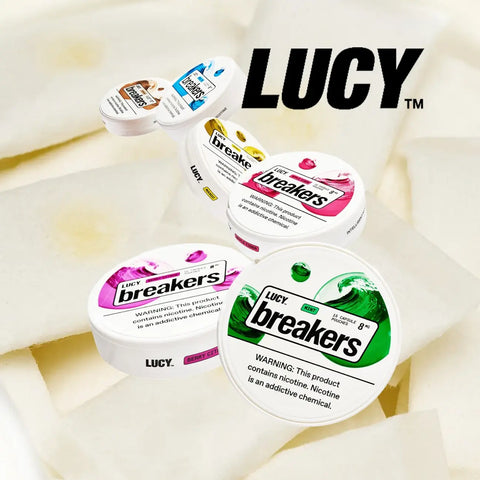Lucy Breakers Nicotine Pouches lineup with mint, fruit, and coffee flavors