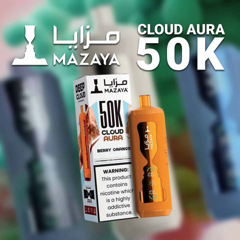 Mazaya Cloud Aura 50K disposable vape device and box with digital battery and e-liquid indicators