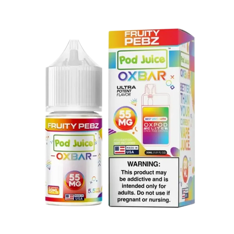 Fruity Pebz by Oxbar x Pod Juice – cereal-inspired synthetic salt vape juice with sweet milky notes.
