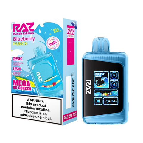 Blue Raz LTX Punch Edition vape with Blueberry Punch flavor, Mega HD screen, and 25K puffs capacity.
