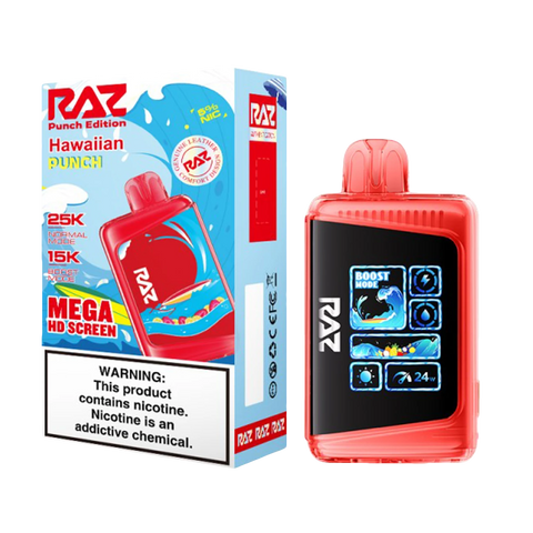 Red Raz LTX Punch Edition disposable vape featuring Hawaiian Punch flavor, 25K puffs, and digital screen.