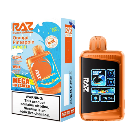 Orange Raz LTX Punch Edition vape with Orange Pineapple Punch flavor, 25K puffs, and boost mode display.