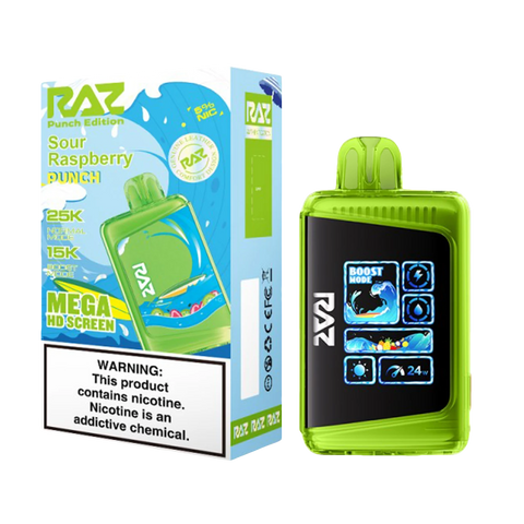 Green Raz LTX Punch Edition vape offering Sour Raspberry Punch flavor, 25K puffs, and Mega HD screen.