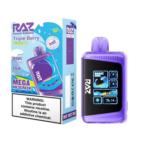 Purple Raz LTX Punch Edition vape with Triple Berry Punch flavor, 25K puffs, and high-resolution display.