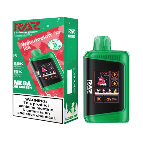 Raz LTX Vape 25K Christmas Edition in Watermelon Ice with festive design and icy watermelon flavor.
