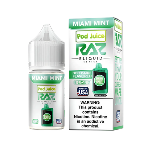 Blue Miami Mint vape juice – icy blue raspberry and mint fusion in RAZ x Pod Juice Synthetic Salt 30ml