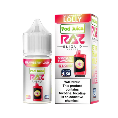 Strawberry Lolly flavor – nostalgic strawberry lollipop candy vape from RAZ x Pod Juice Salt 30ml