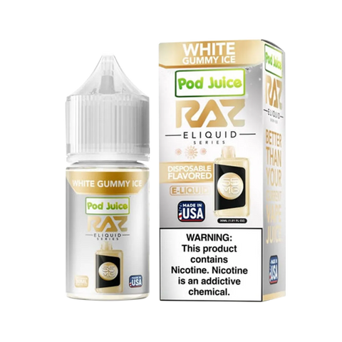 White Gummy Ice vape juice – chilled white gummy bear candy flavor in RAZ x Pod Juice 30ml Salt