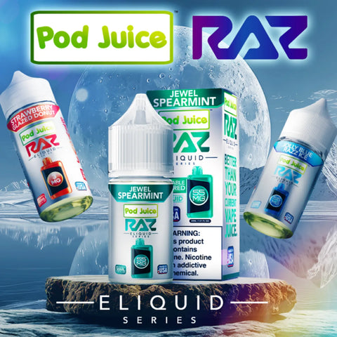 RAZ x Pod Juice Synthetic Salt 100ml bottle with bold candy and fruit vape flavor design