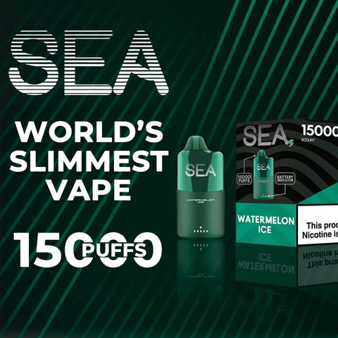 Sea XS 15000 Disposable Vape in slim design with Watermelon Ice flavor and battery level display.