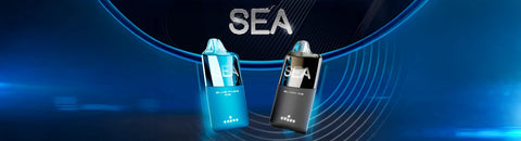 Two vape devices with 'SEA' branding on a blue and black background