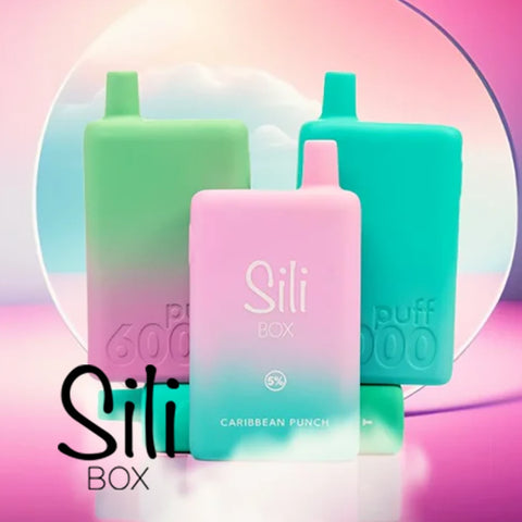 Three colorful vape devices with 'Sili Box' branding on a gradient pink and purple background.