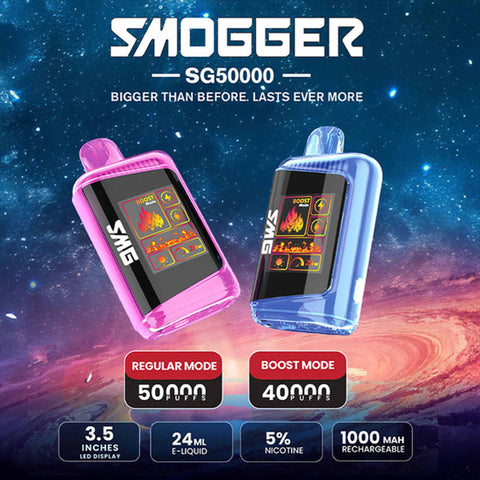 Smogger SG50000 Disposable Vape featuring dual mode display, 50,000 puff regular mode, 40,000 puff boost mode, 24mL e-liquid, 5% nicotine, and 1000mAh rechargeable battery