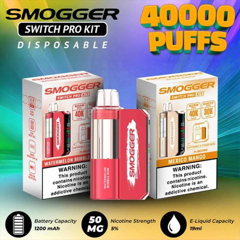 Smogger Switch Pro 40K Disposable Vape Kit with packaging, dual-mode device, 19ml e-liquid capacity, 5% nicotine, and 1200mAh rechargeable battery