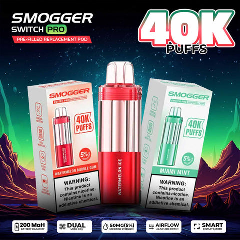 Smogger Switch Pro pre-filled replacement pod with 40,000 puffs, 5% nicotine, dual mesh coil, adjustable airflow, and 200mAh battery shown with retail packaging